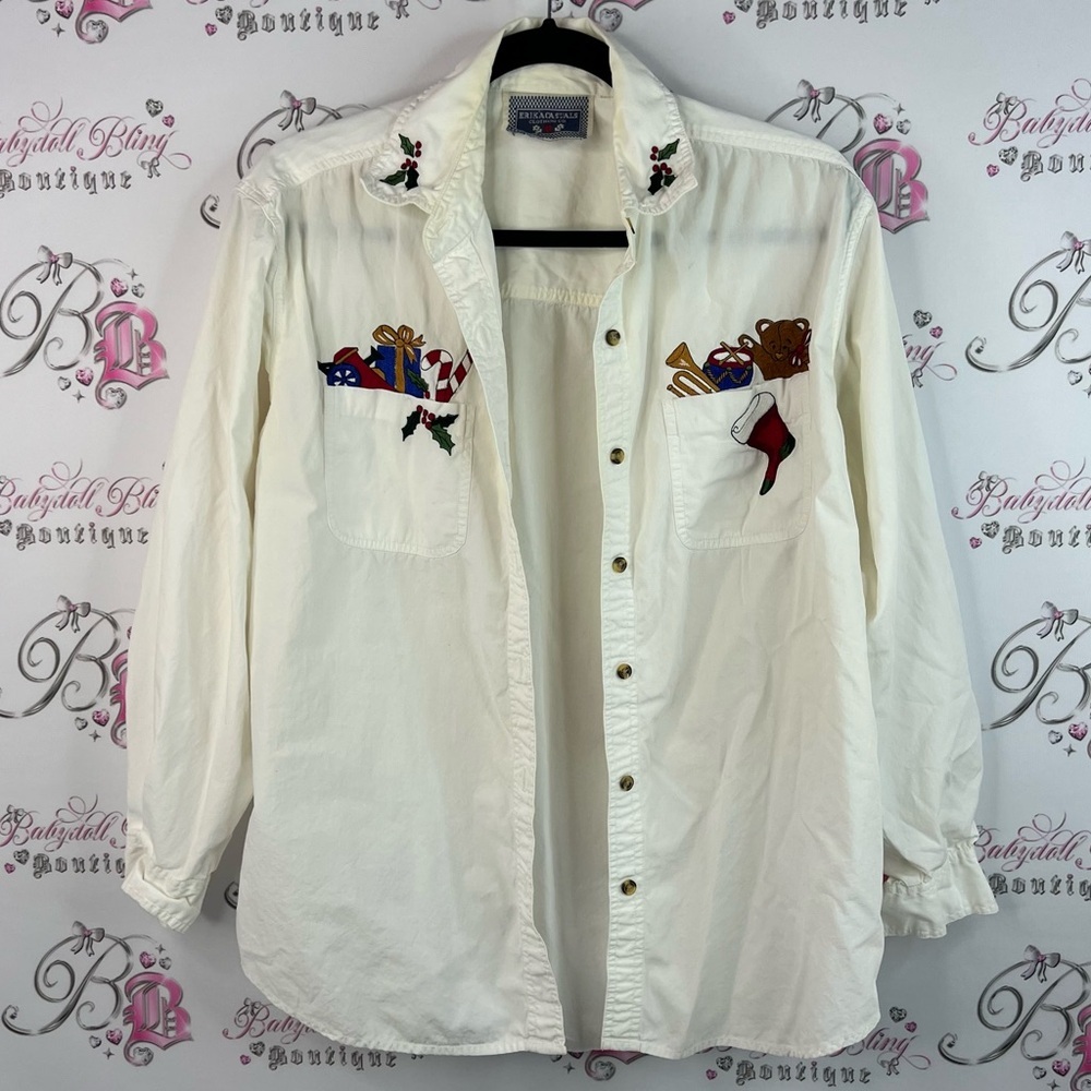 Erika casuals holiday Christmas button up long sleeve White Embroidered Shirt